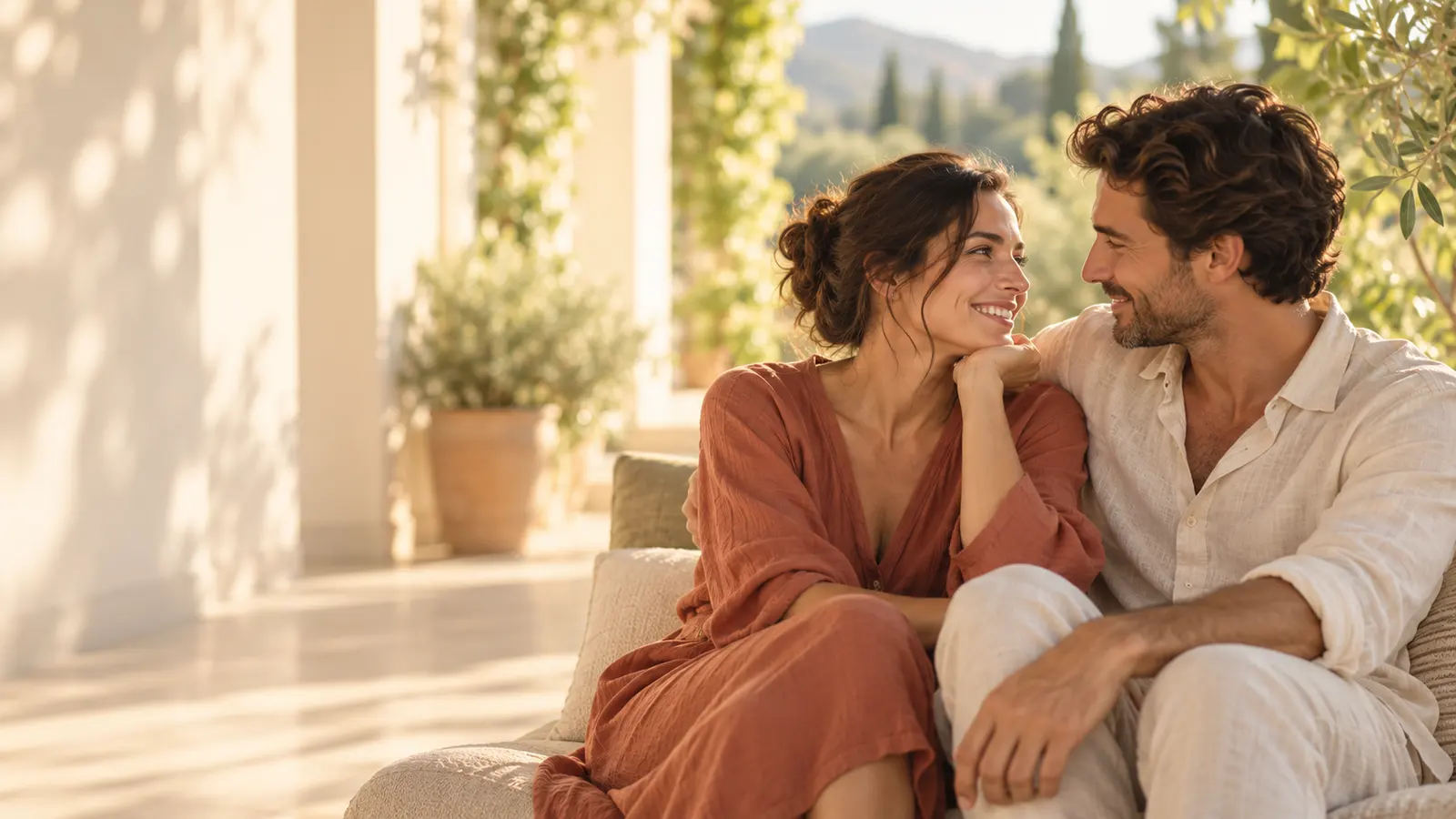 A couple sharing a relaxed, affectionate moment on a sunlit veranda