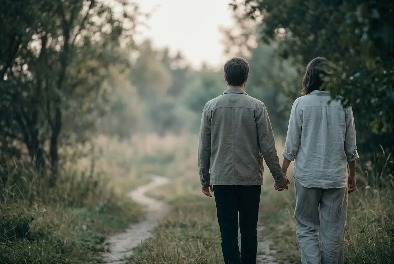 A couple walking together through a quiet wooded path at dusk